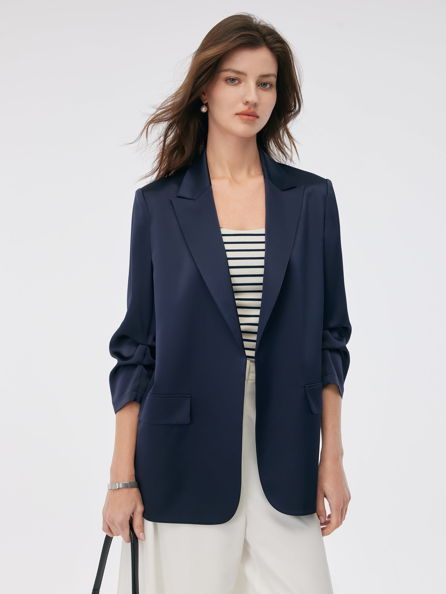 Triacetate 3/4 Ruched Sleeves Women Blazer
