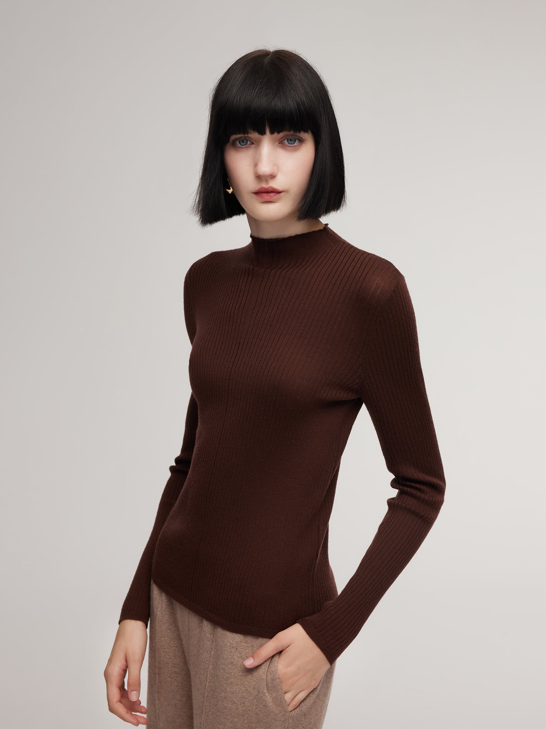 100% Washable Wool Mock Neck Women Knit Top