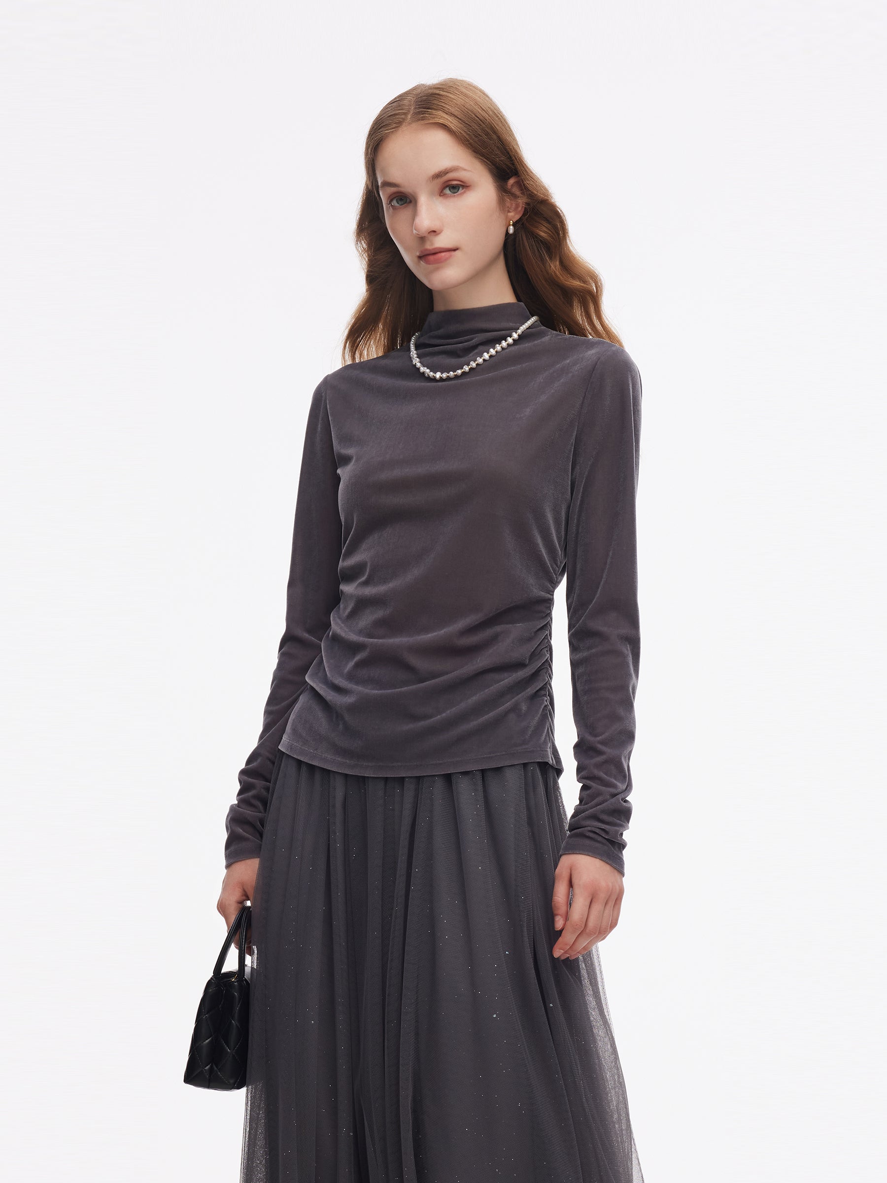 Velvet Stretch Women Mock Neck Top