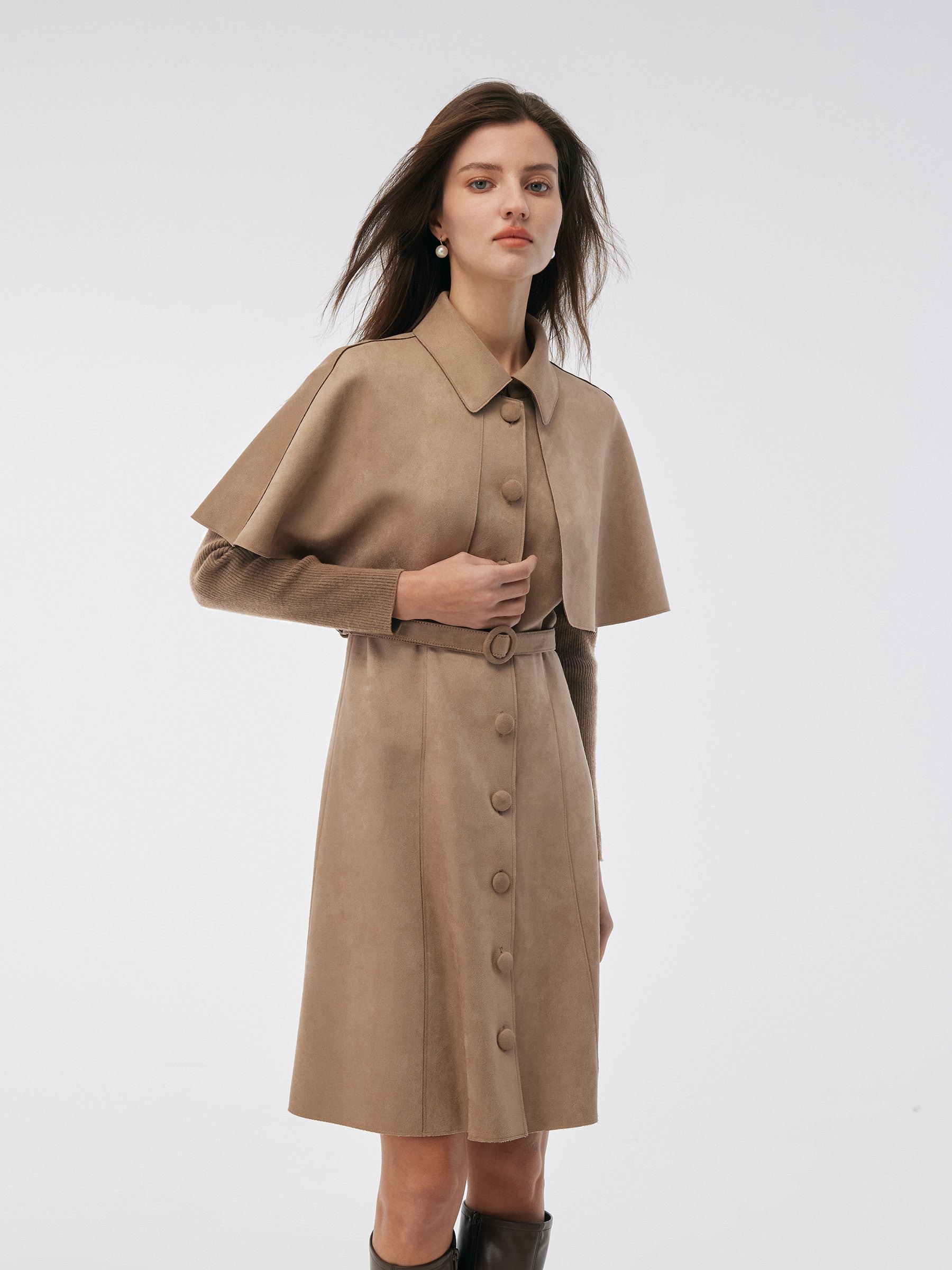 Faux Suede Patchwork Mini Dress With Detachable Short Cape And Belt