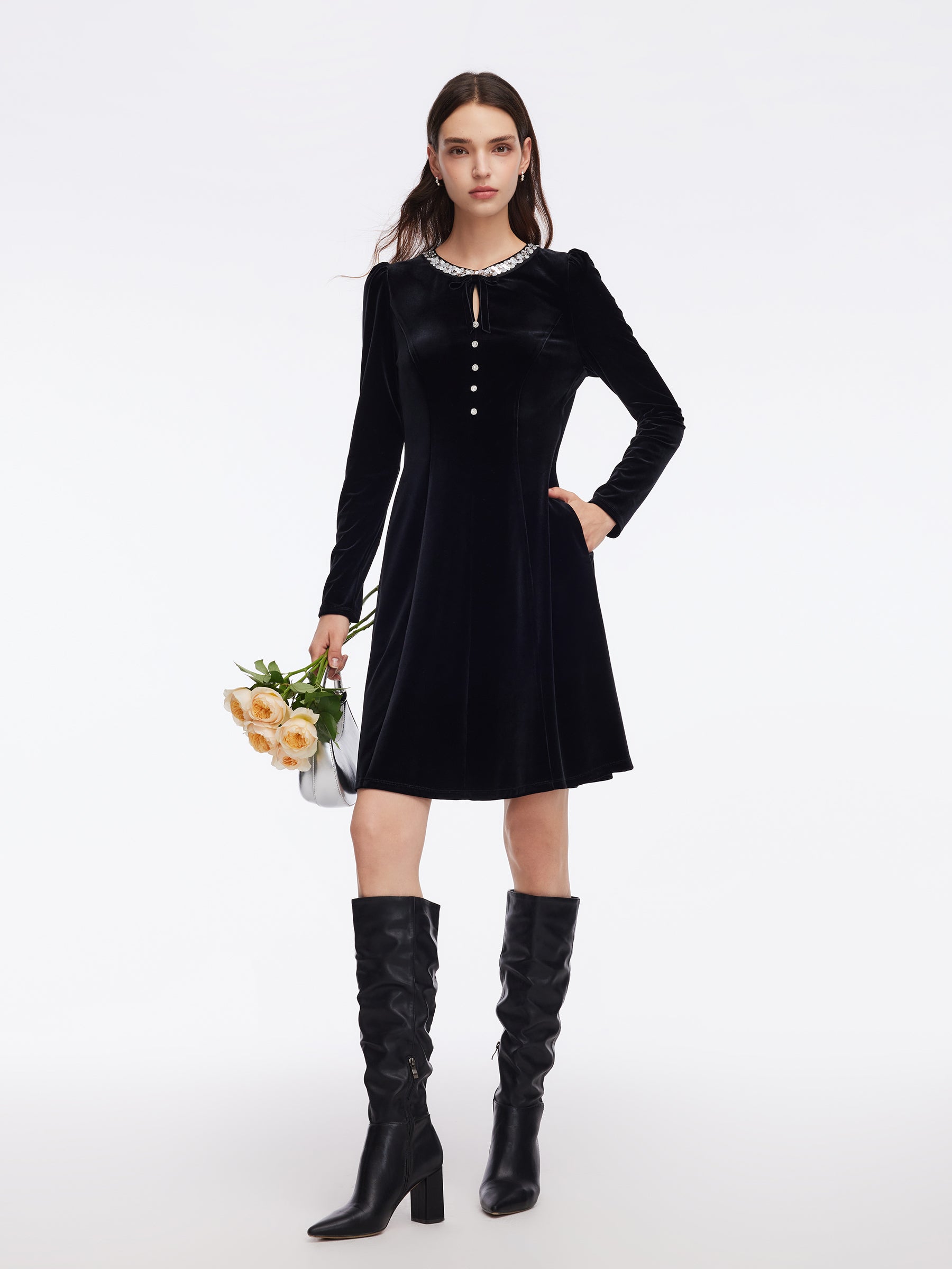 Velvet Sequined Round Neck Women Mini Dress