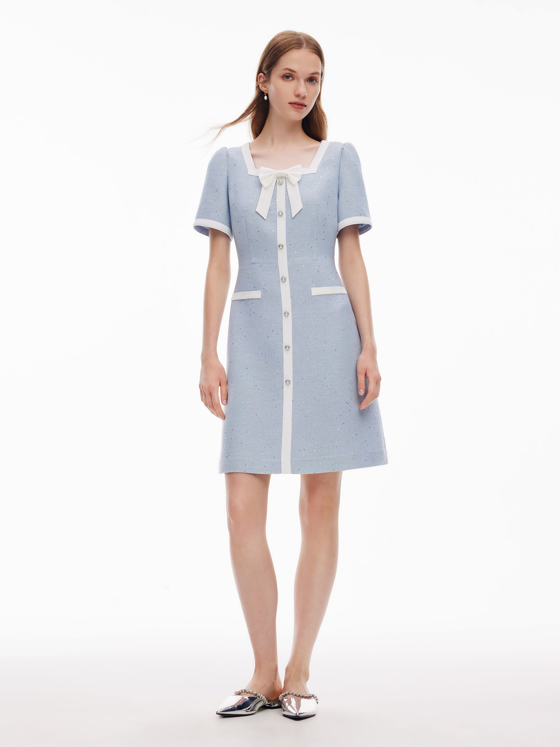 Acetate Blend Sequins Tweed Contrast Trim Women Mini Dress