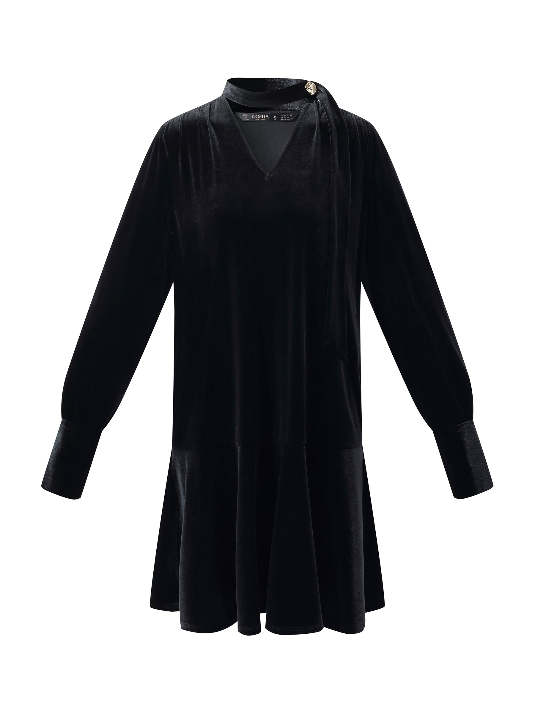 Velvet Ribbon V-Neck Ruffle Hem Women Mini Dress