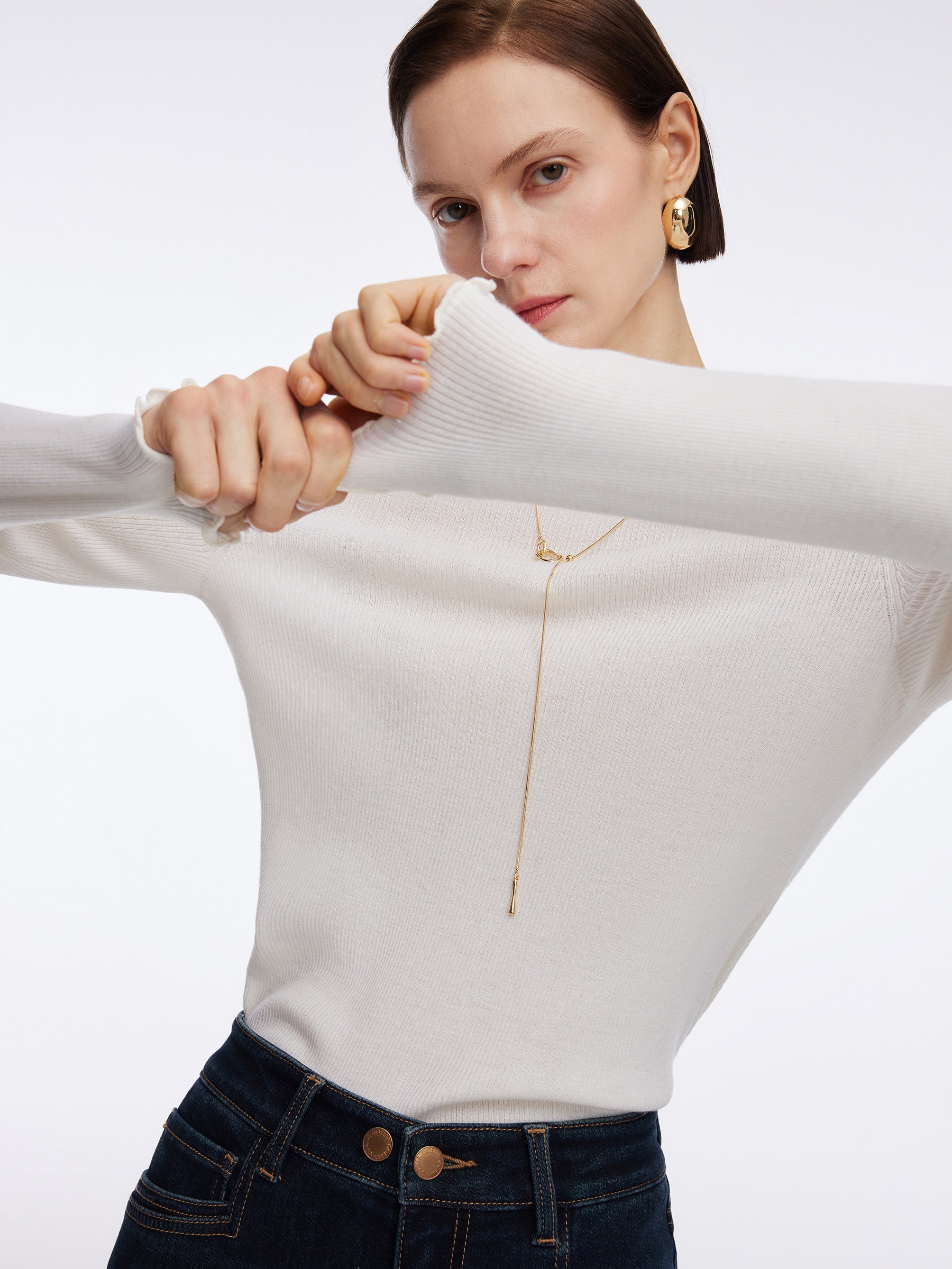 100% Machine Washable Wool Ruffle Mock Neck Women Knit Top