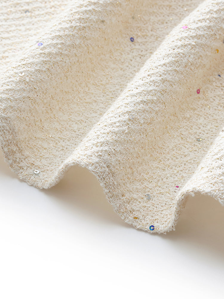 Tweed Sequins V-Neck Ruffle Hem Women Mini Dress