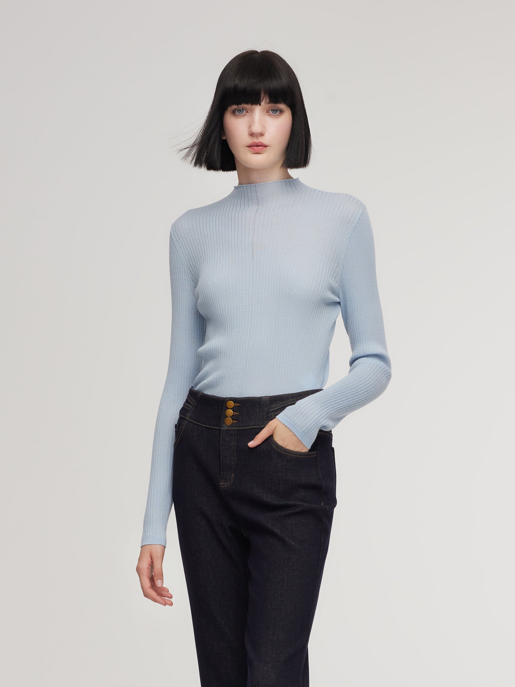 100% Washable Wool Mock Neck Women Knit Top