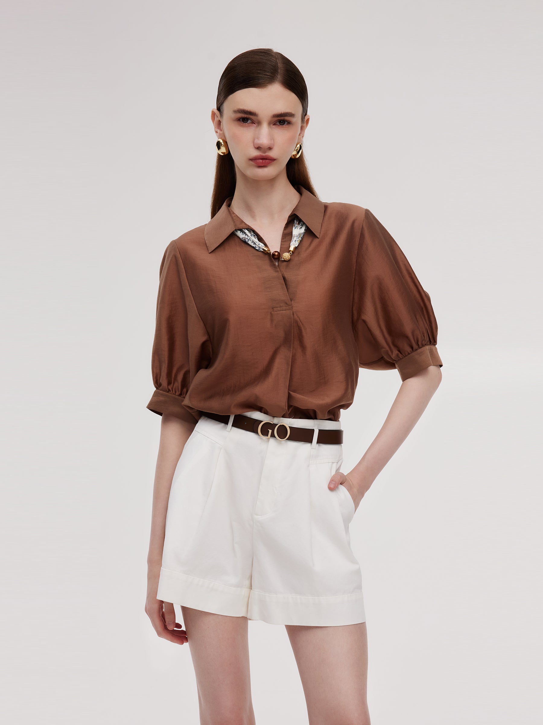 Tencel Blend Loose Fit Women Blouse With Silk Scarf