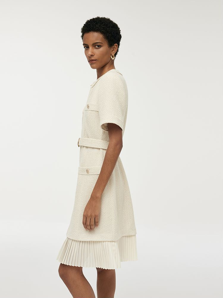 Wool Blend Tweed Women Mini Dress With Belt