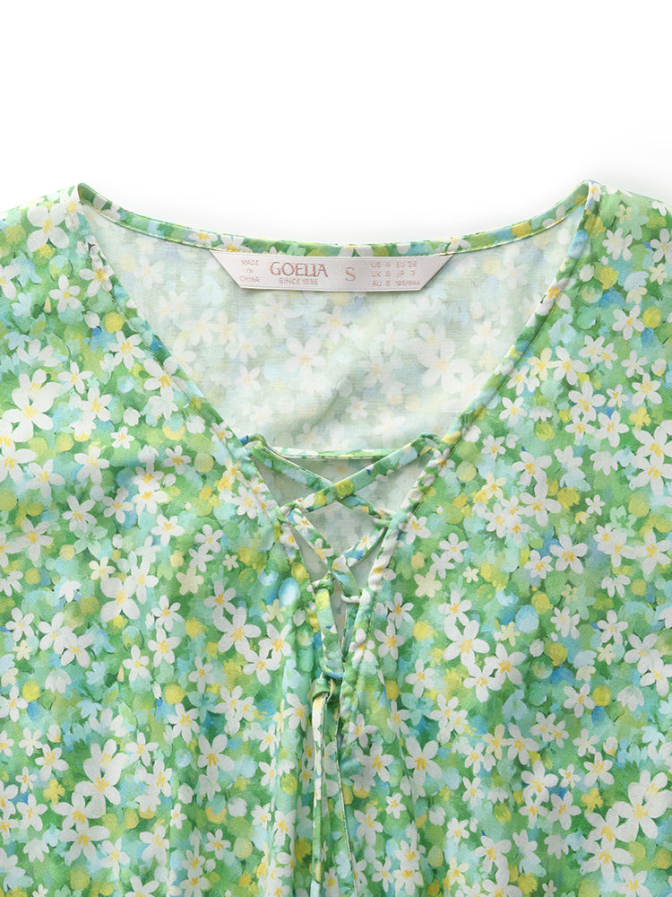 Cotton Floral Print Drawstring Front Women Mini Dress With Hairband