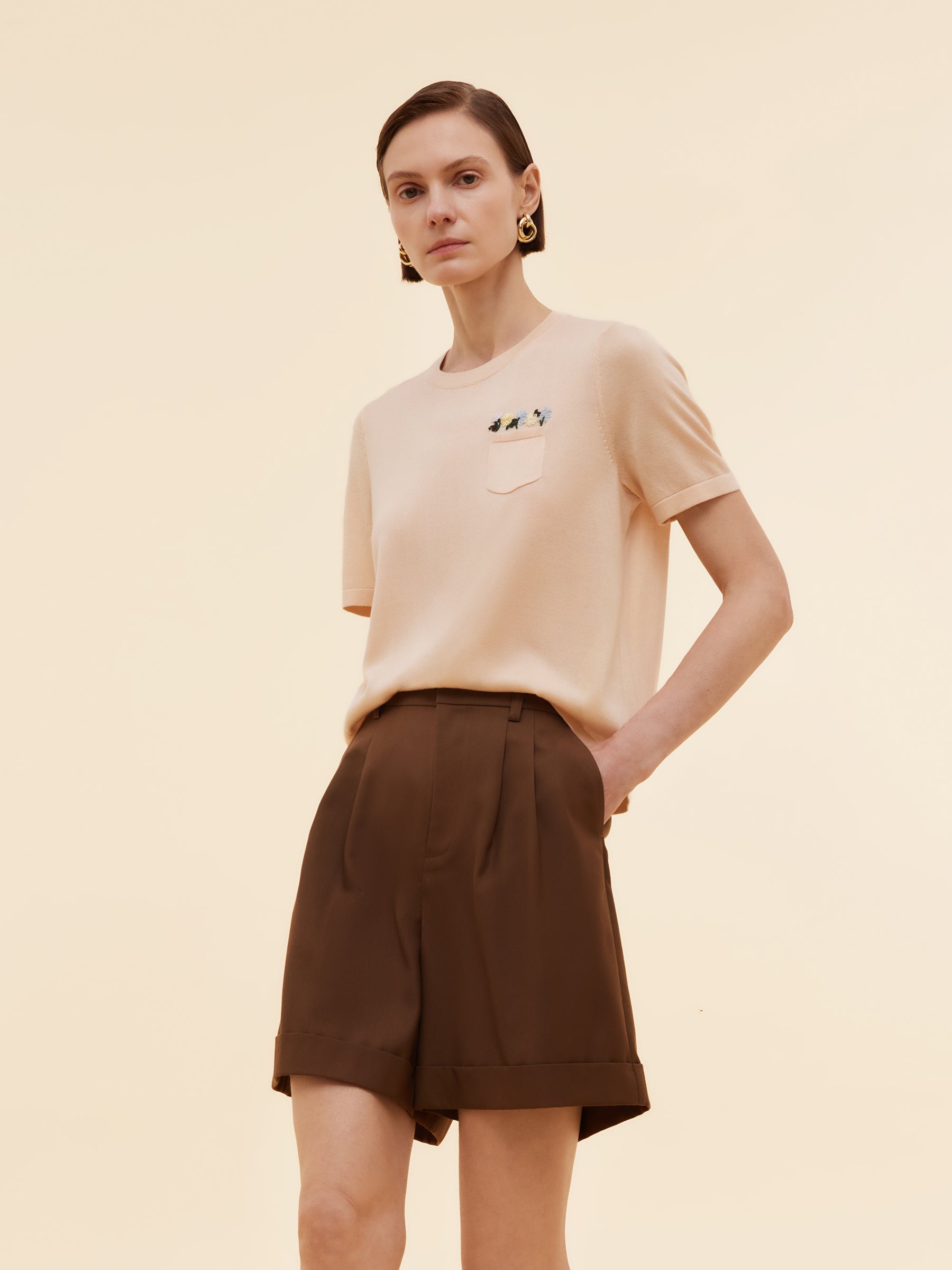 Tencel Acetate Blend Floral Embroidered Women Knit T-Shirt