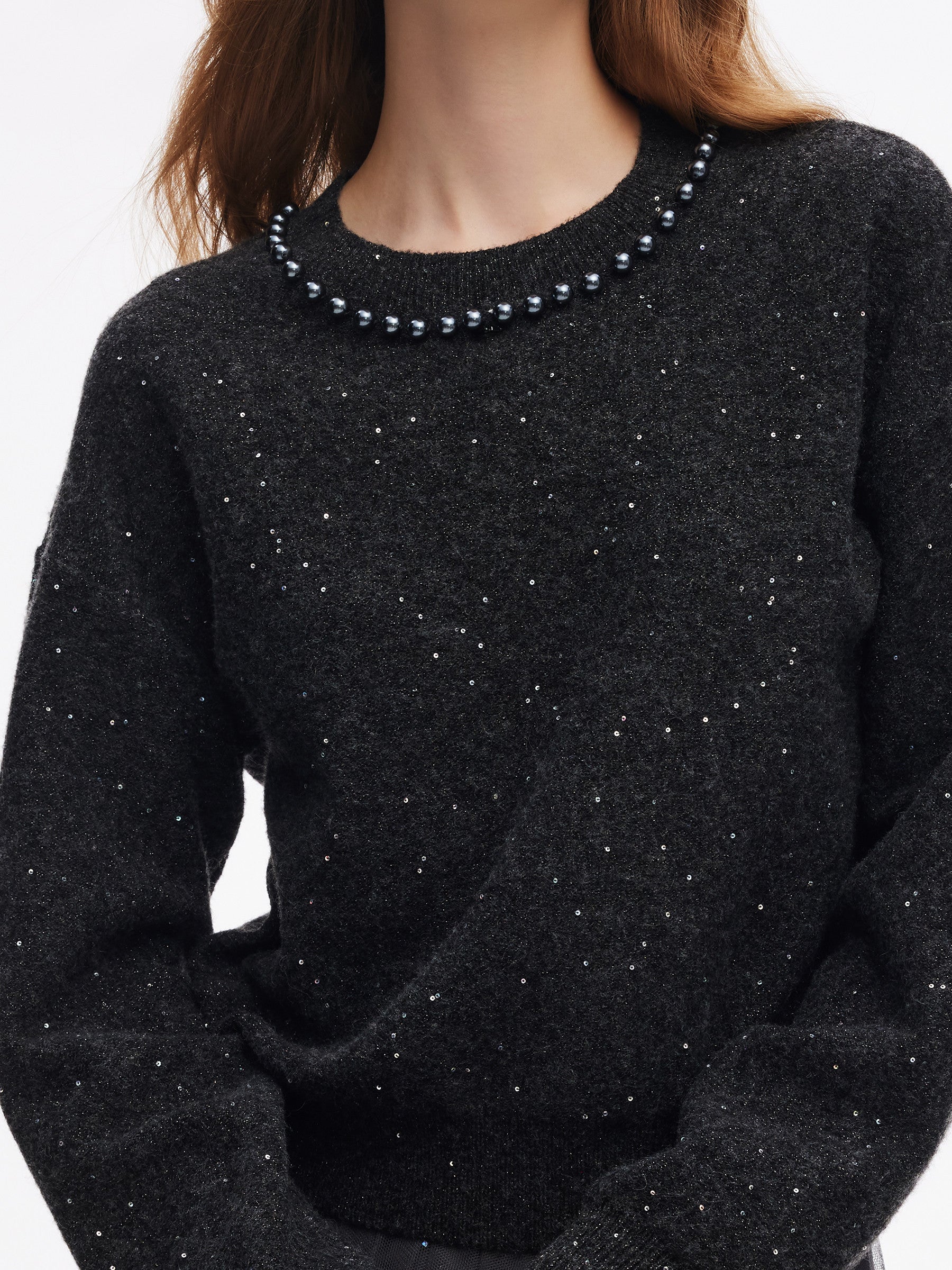 Sequins Beaded Round Neck Women Knit Top