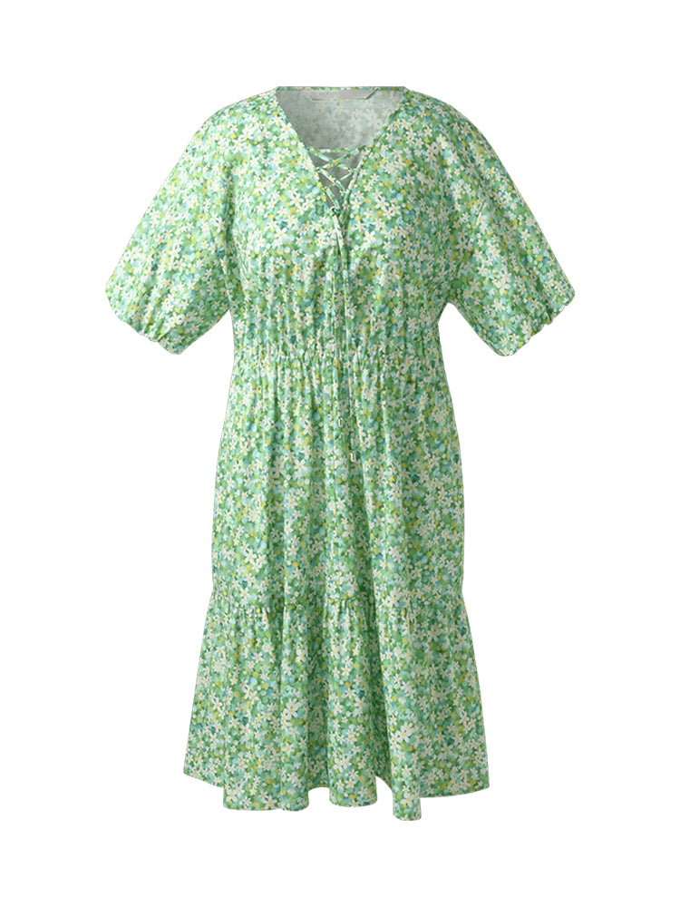 Cotton Floral Print Drawstring Front Women Mini Dress With Hairband