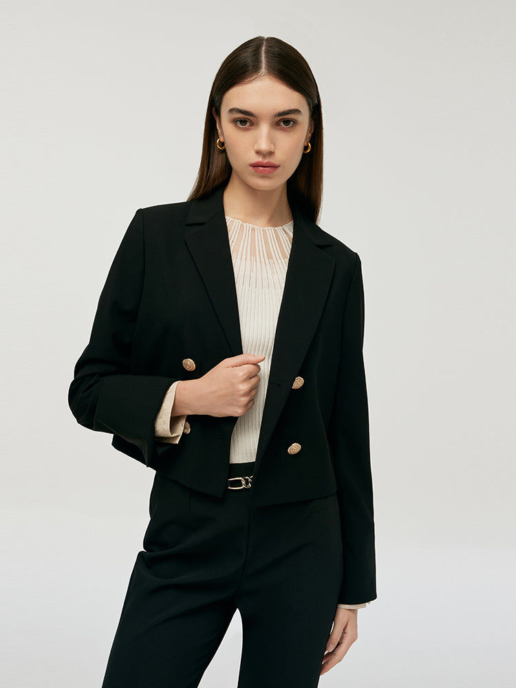 Worsted Woolen Crop Blazer With Detachable Sleeve