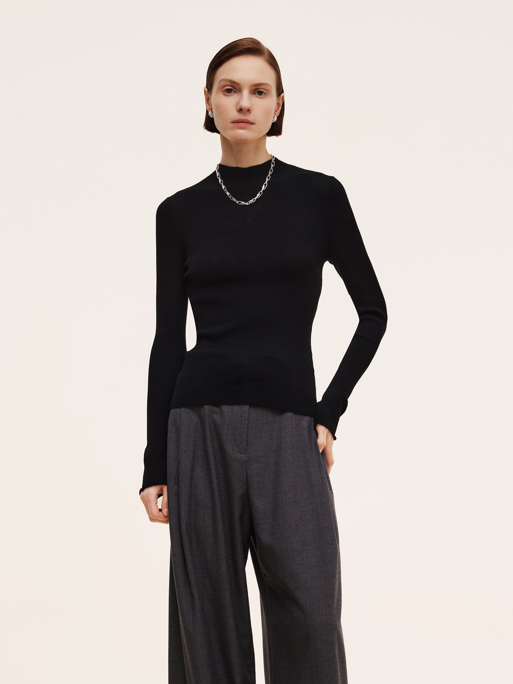 100% Machine Washable Wool Mock Neck Women Knit Top