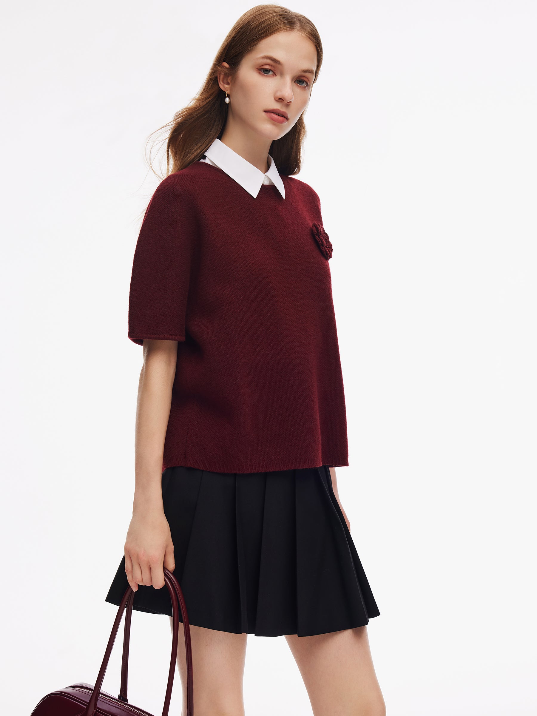 Wool Blend Women Knit Top With Detachable Brooch