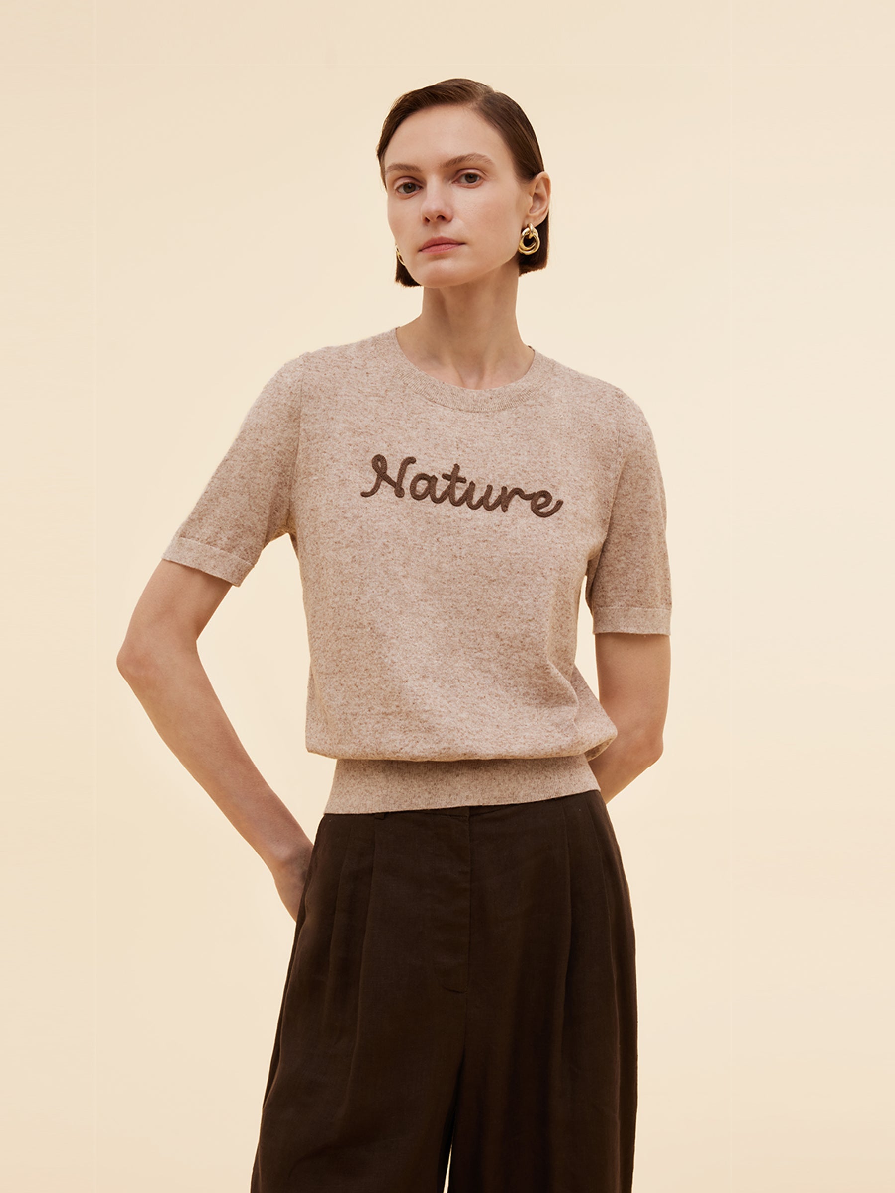 Linen Blend Letter Embroidered Women Knit Top
