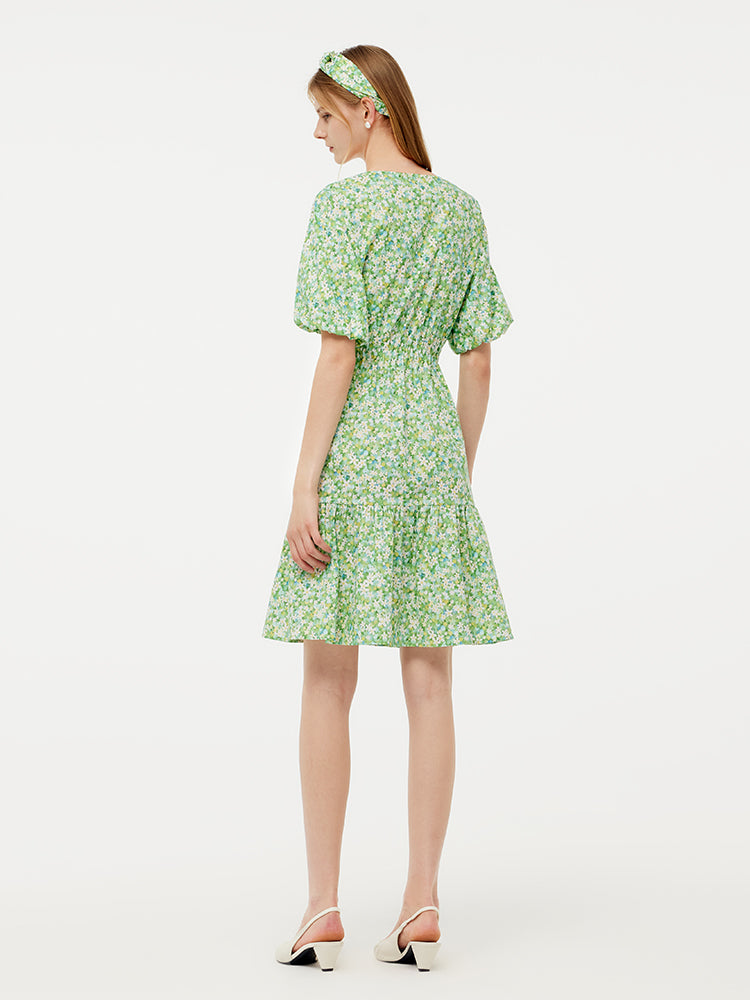 Cotton Floral Print Drawstring Front Women Mini Dress With Hairband