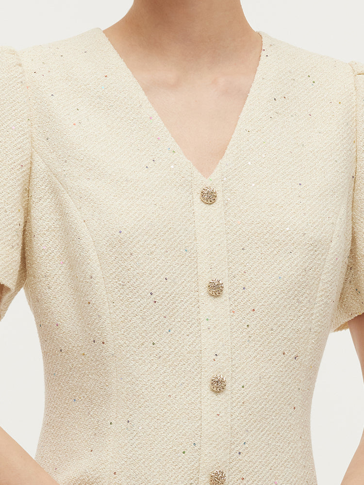 Tweed Sequins V-Neck Ruffle Hem Women Mini Dress