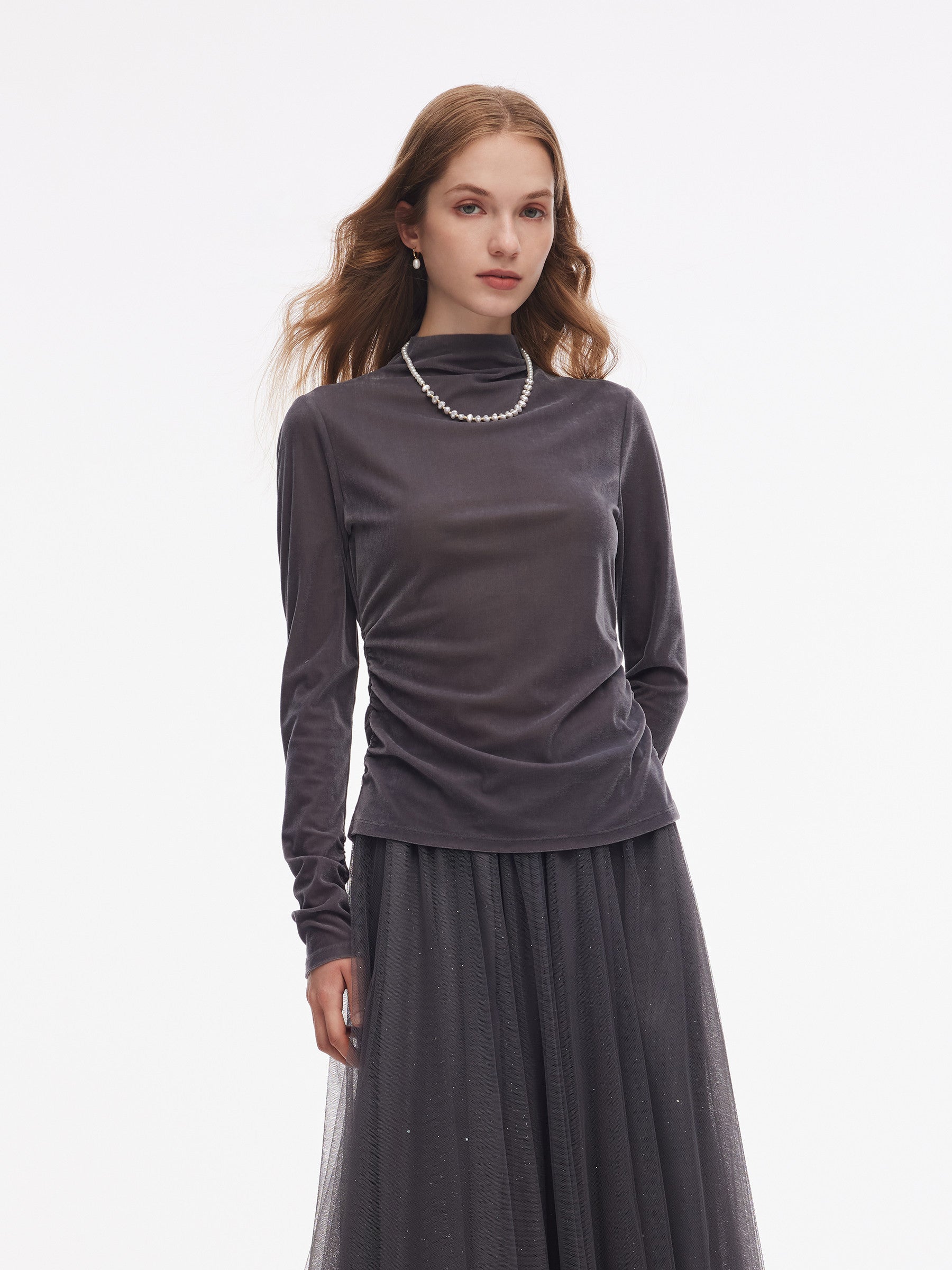 Velvet Stretch Women Mock Neck Top