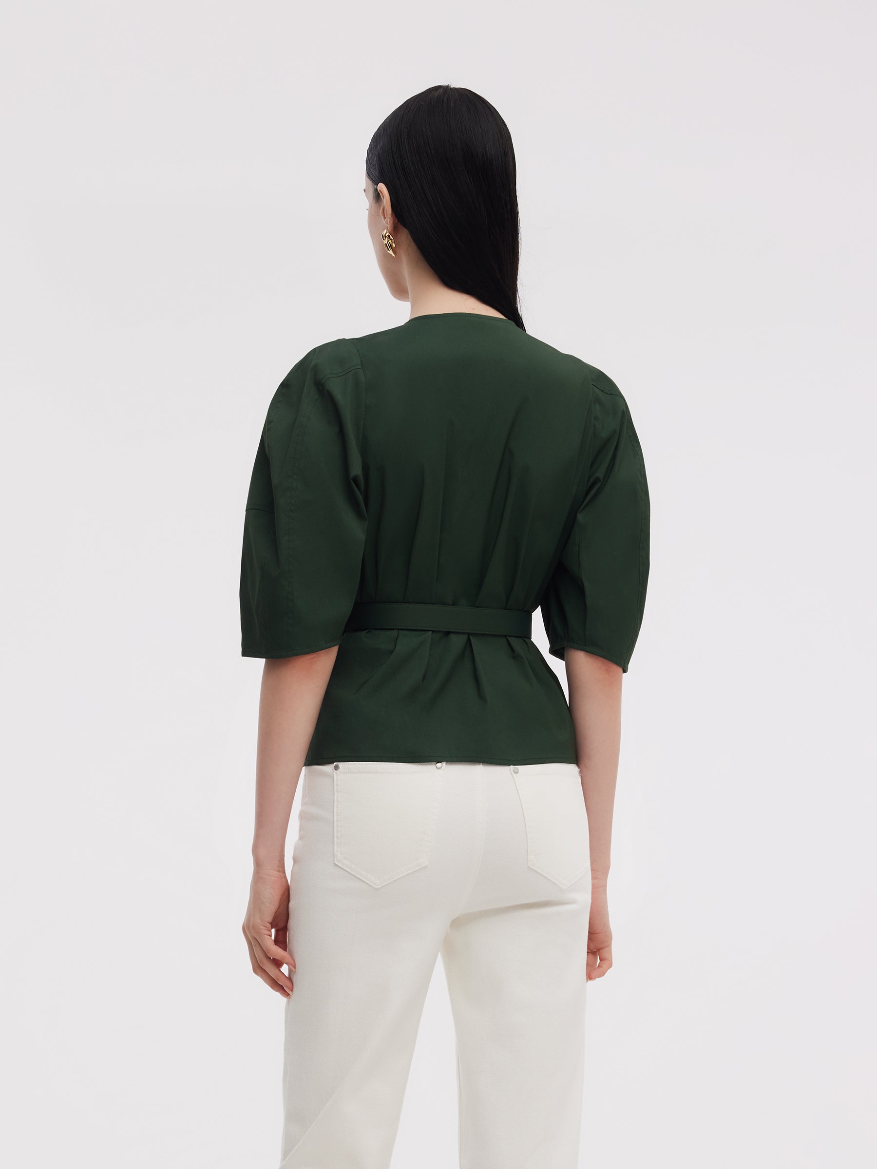 Dark Green V-Neck Women Blouse With Belt