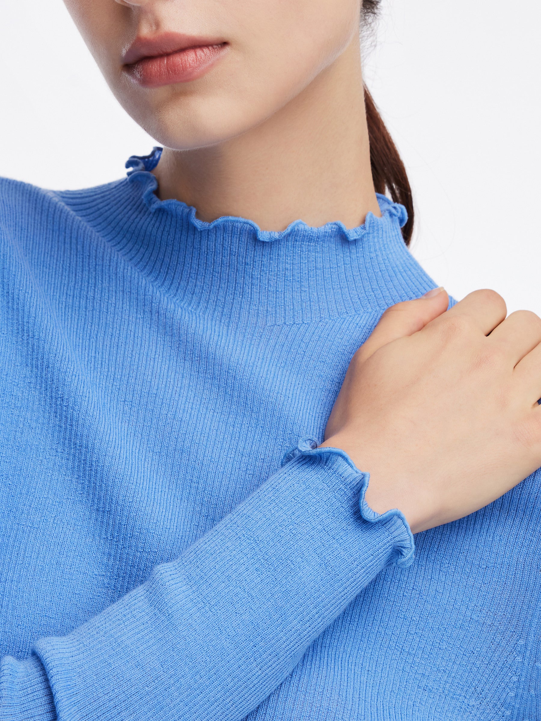 100% Machine Washable Wool Ruffle Mock Neck Women Knit Top