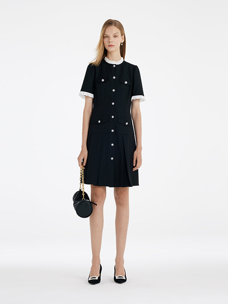 Ruffle Trim Pearl Buttons Women Mini Dress