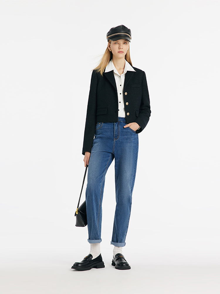 Vintage Single-Breasted V-Neck Women Crop Jacket