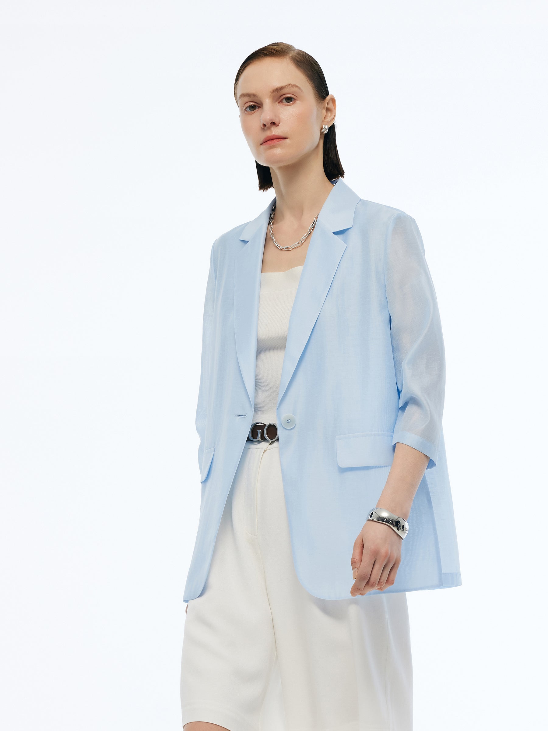 Tencel Linen Blend 3/4 Sleeves Women Blazer