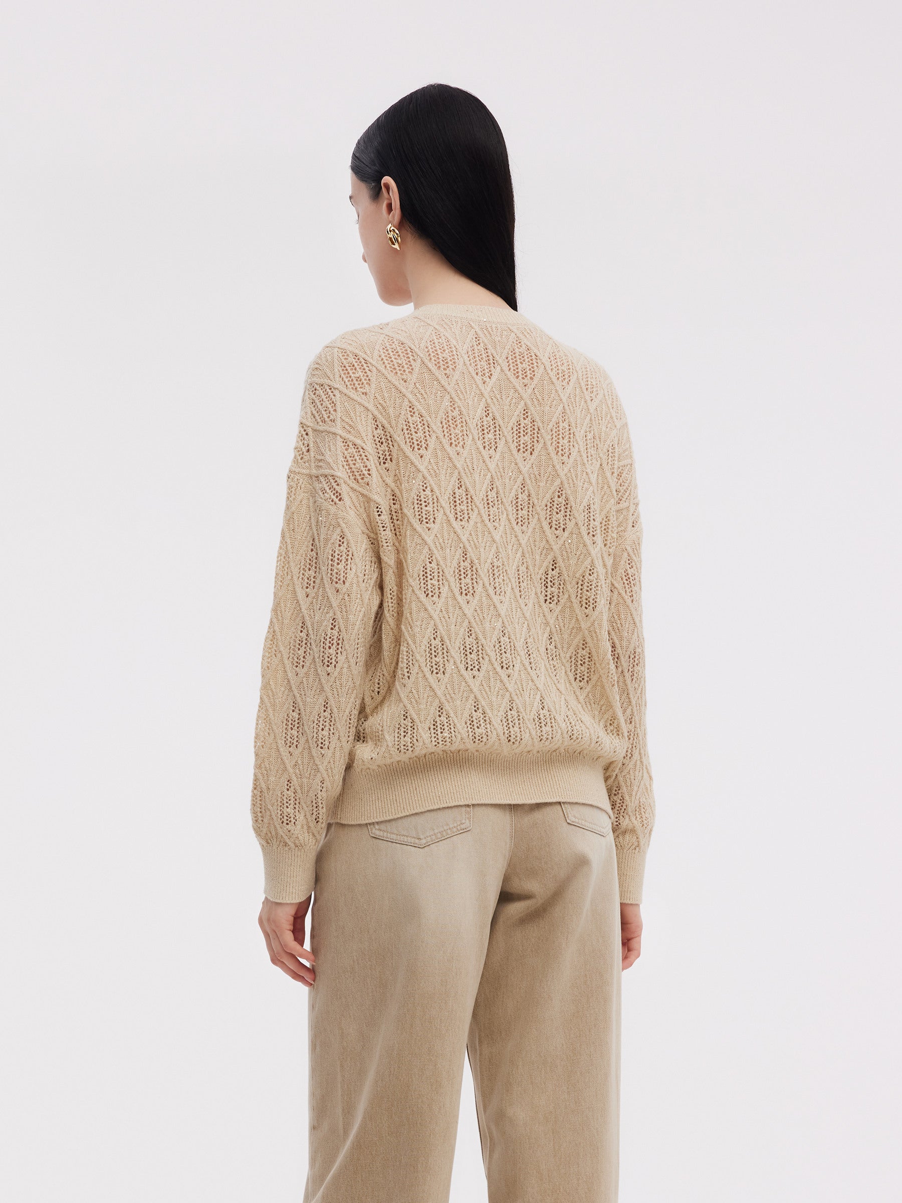 Wool Blend Sequins Women Openwork Sweater