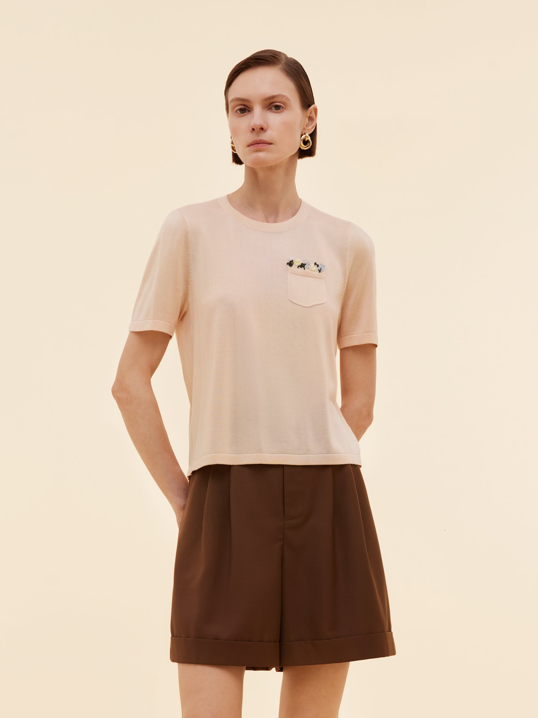 Tencel Acetate Blend Floral Embroidered Women Knit T-Shirt