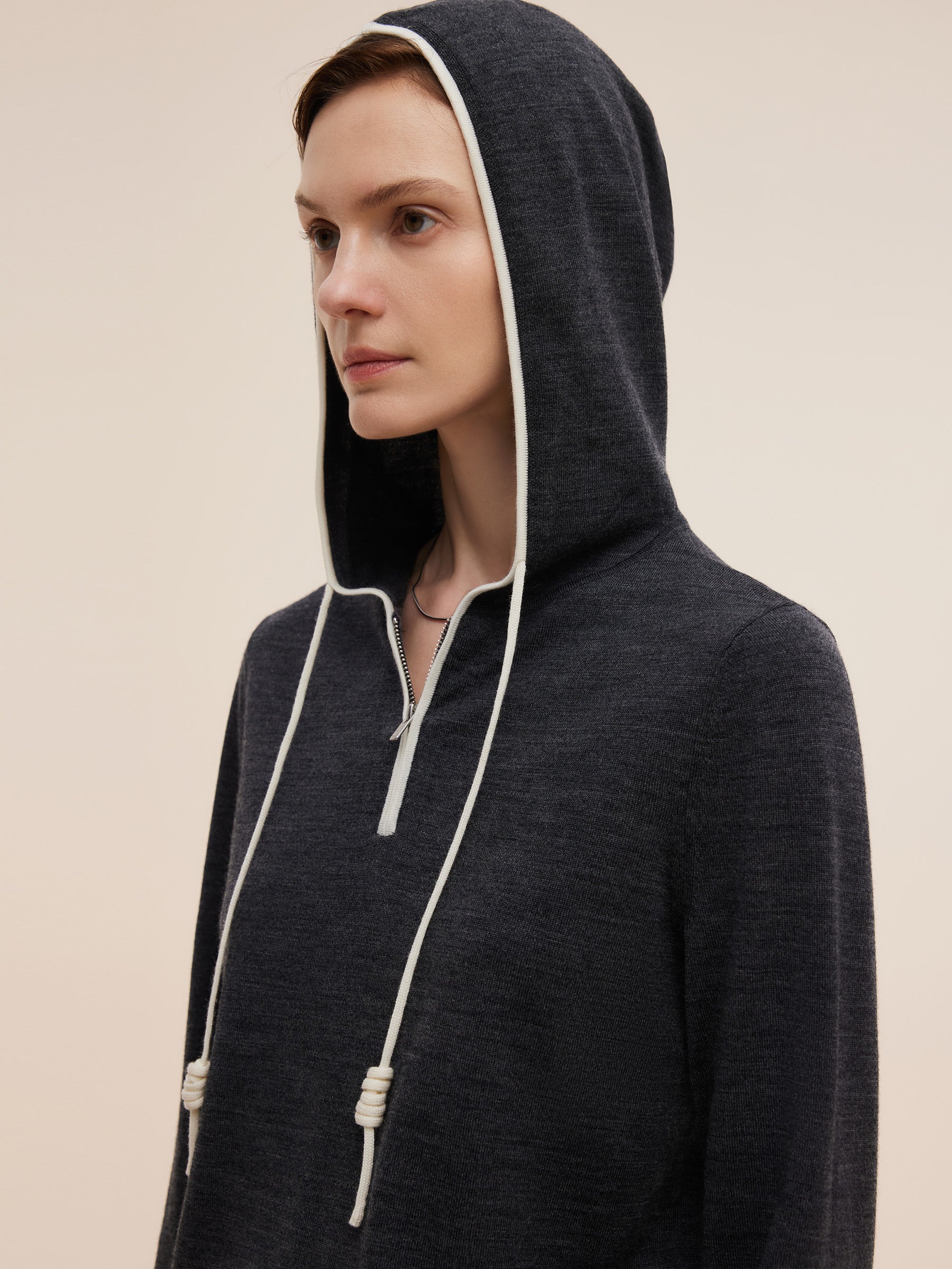 Wool Blend Half-Zip Contrast Trim Women Hoodie