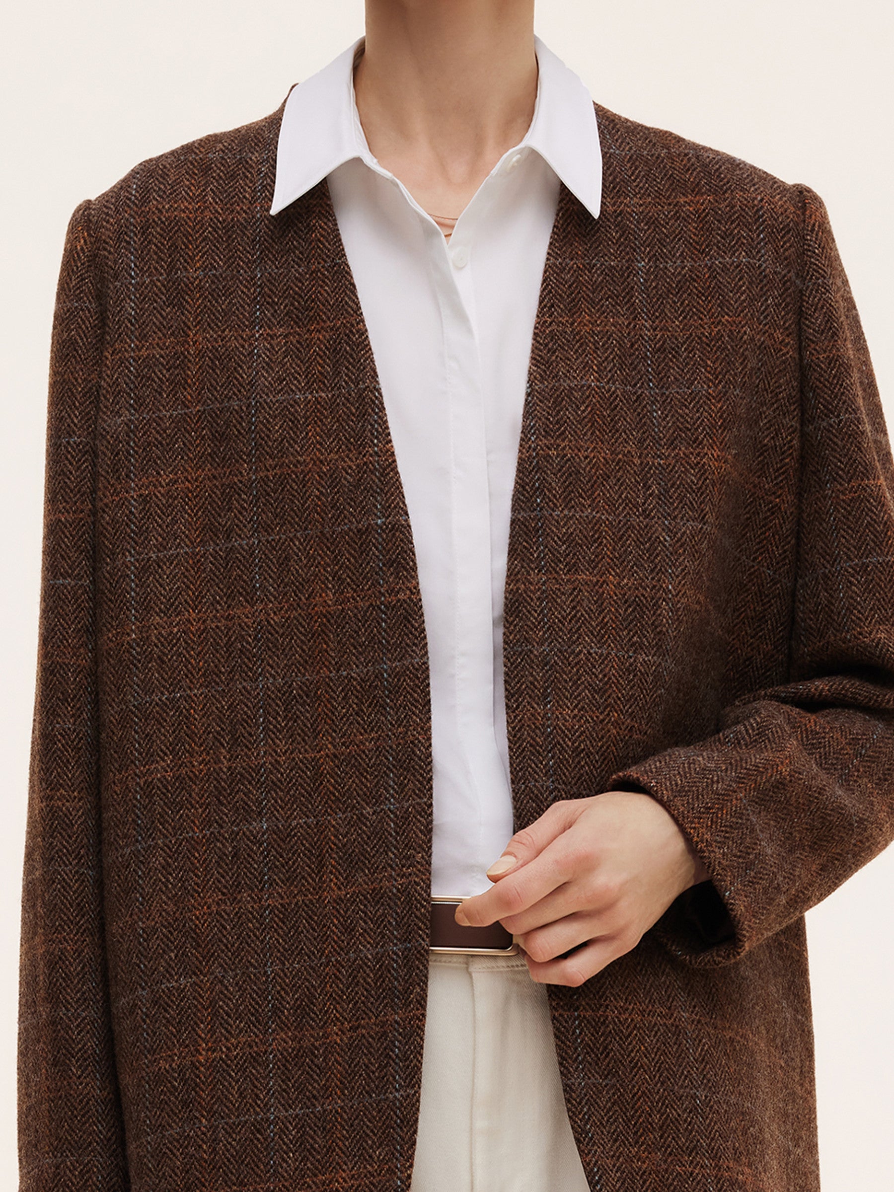 100% Wool Plaid Collarless Women Blazer