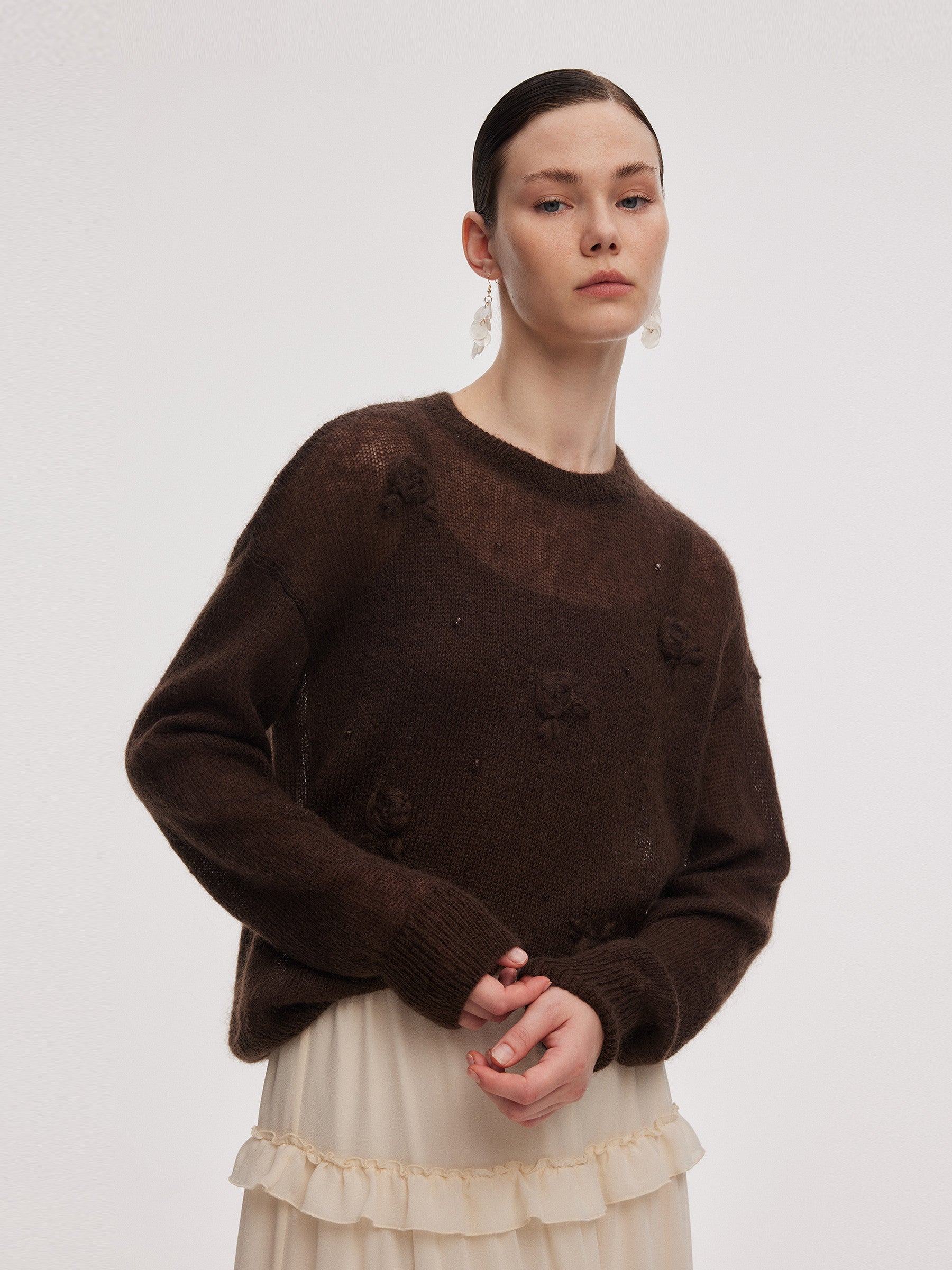 Mohair Wool Blend Women Hand-Crocheted Floral Sweater