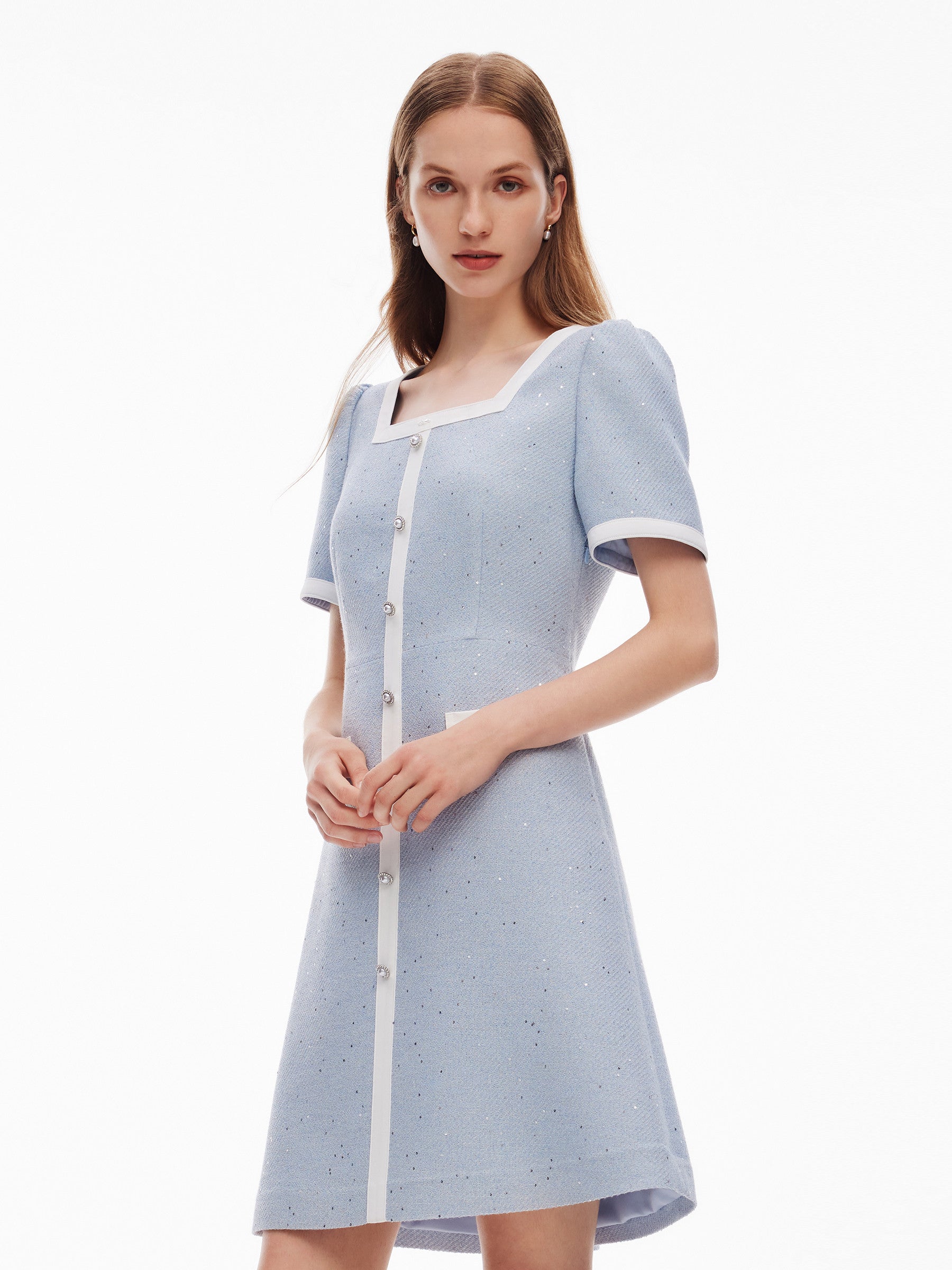 Acetate Blend Sequins Tweed Contrast Trim Women Mini Dress