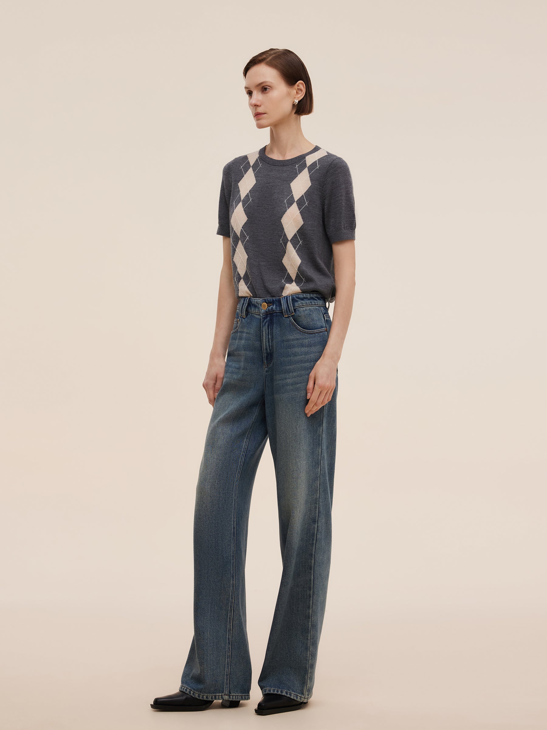 100% Machine Washable Wool Argyle Women Knit Top