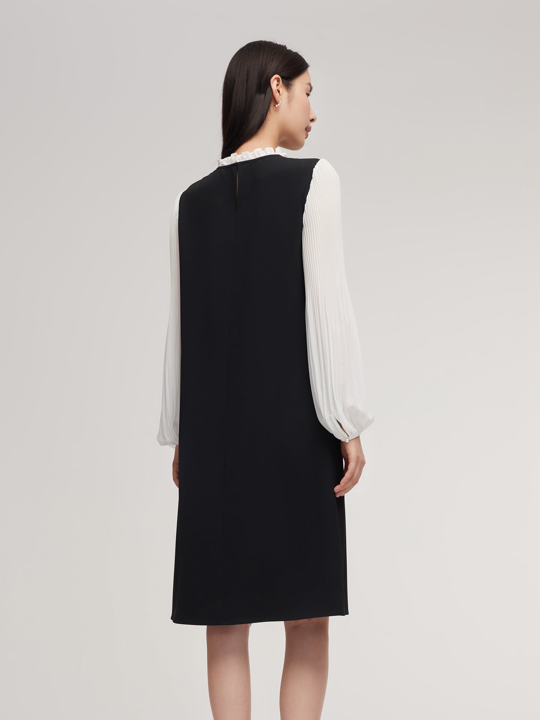 Patchwork Ruffle Collar Pleated Sleeve Women Mini Dress