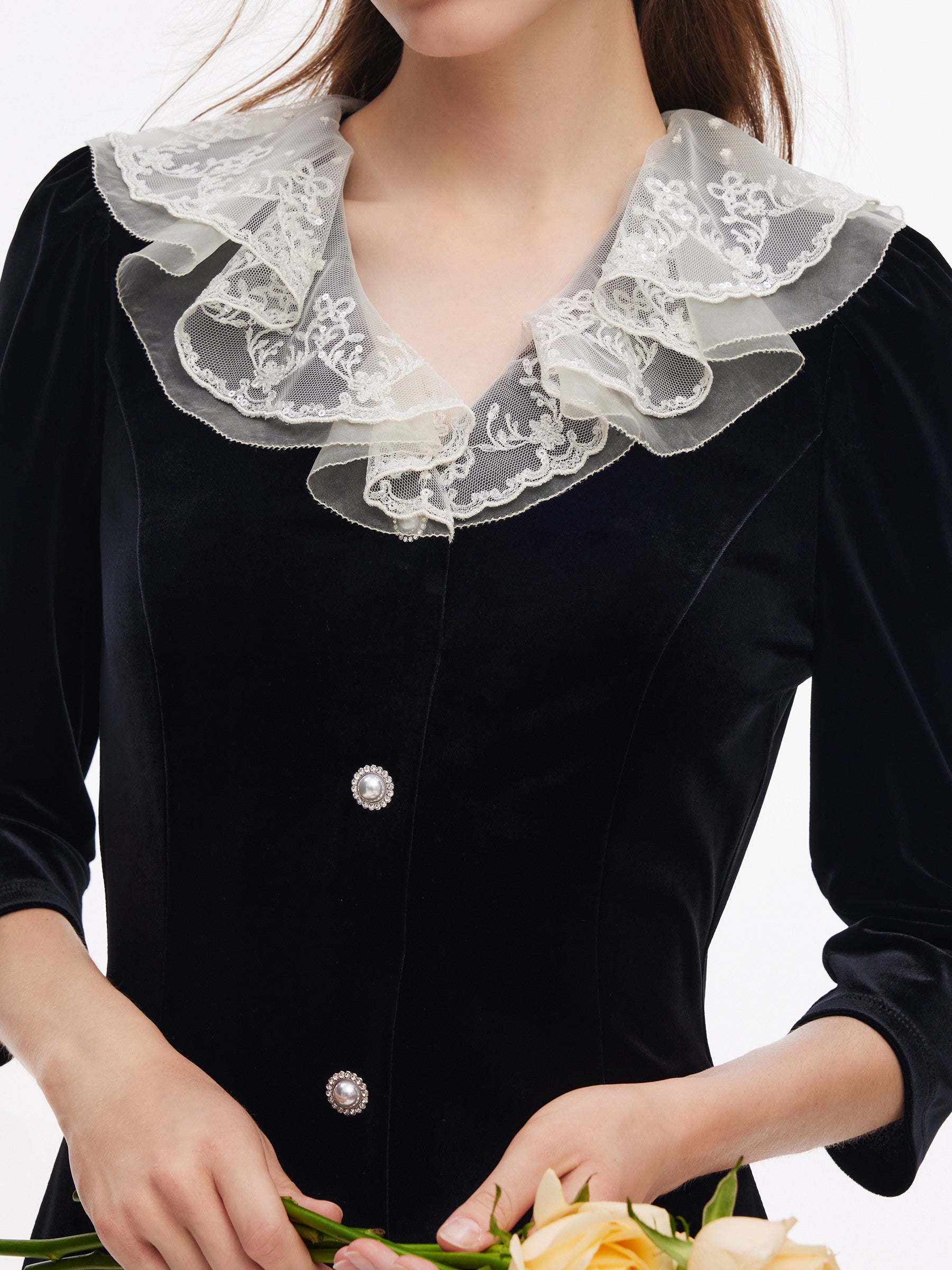 Velvet Patchwork Embroidered Collar Women Mini Dress