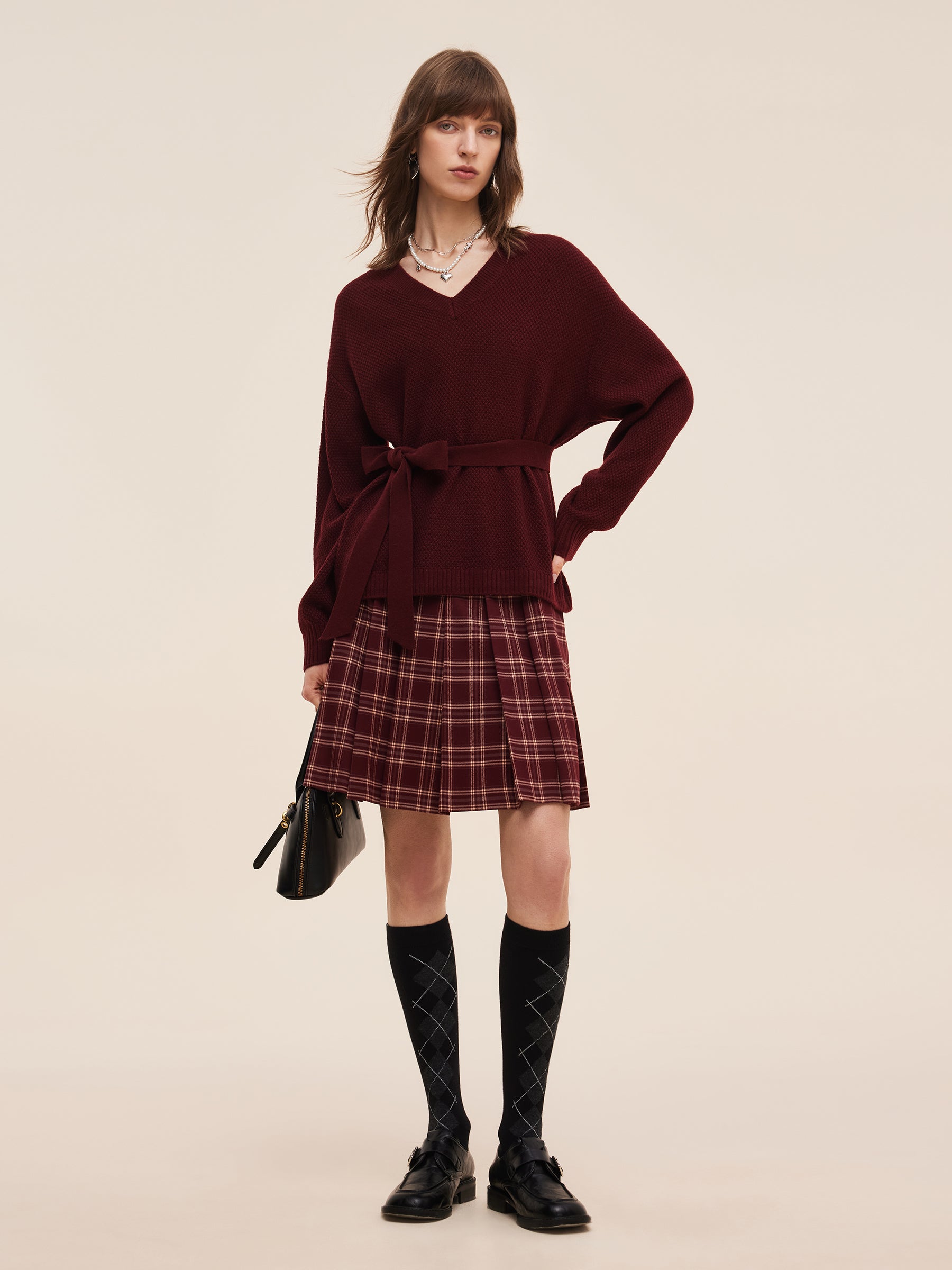 Wool Blend Women V-Neck Knit Top With Ribbon