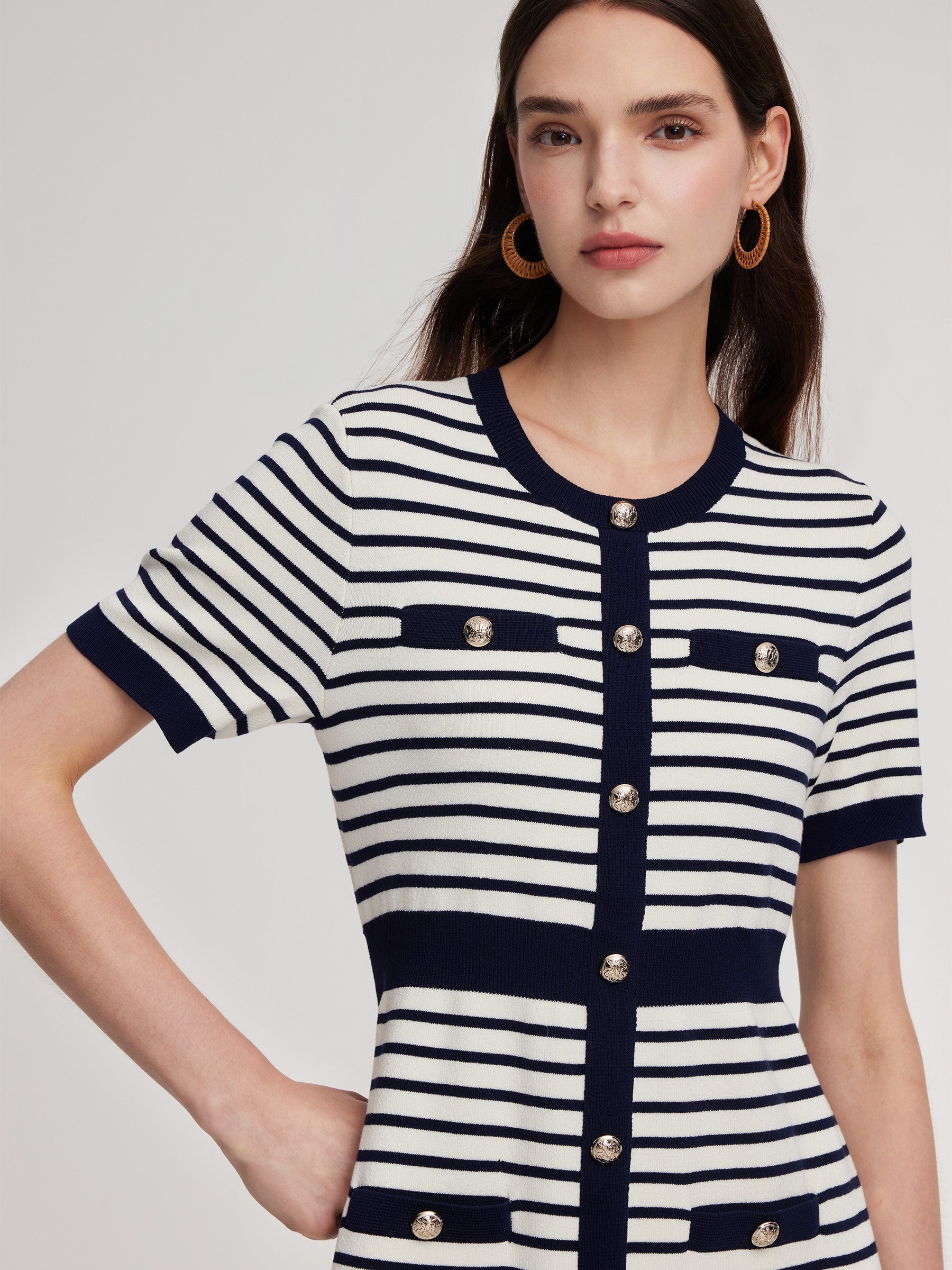 Lyocell Blend Stripe Gathered Waist Women Knit Mini Dress