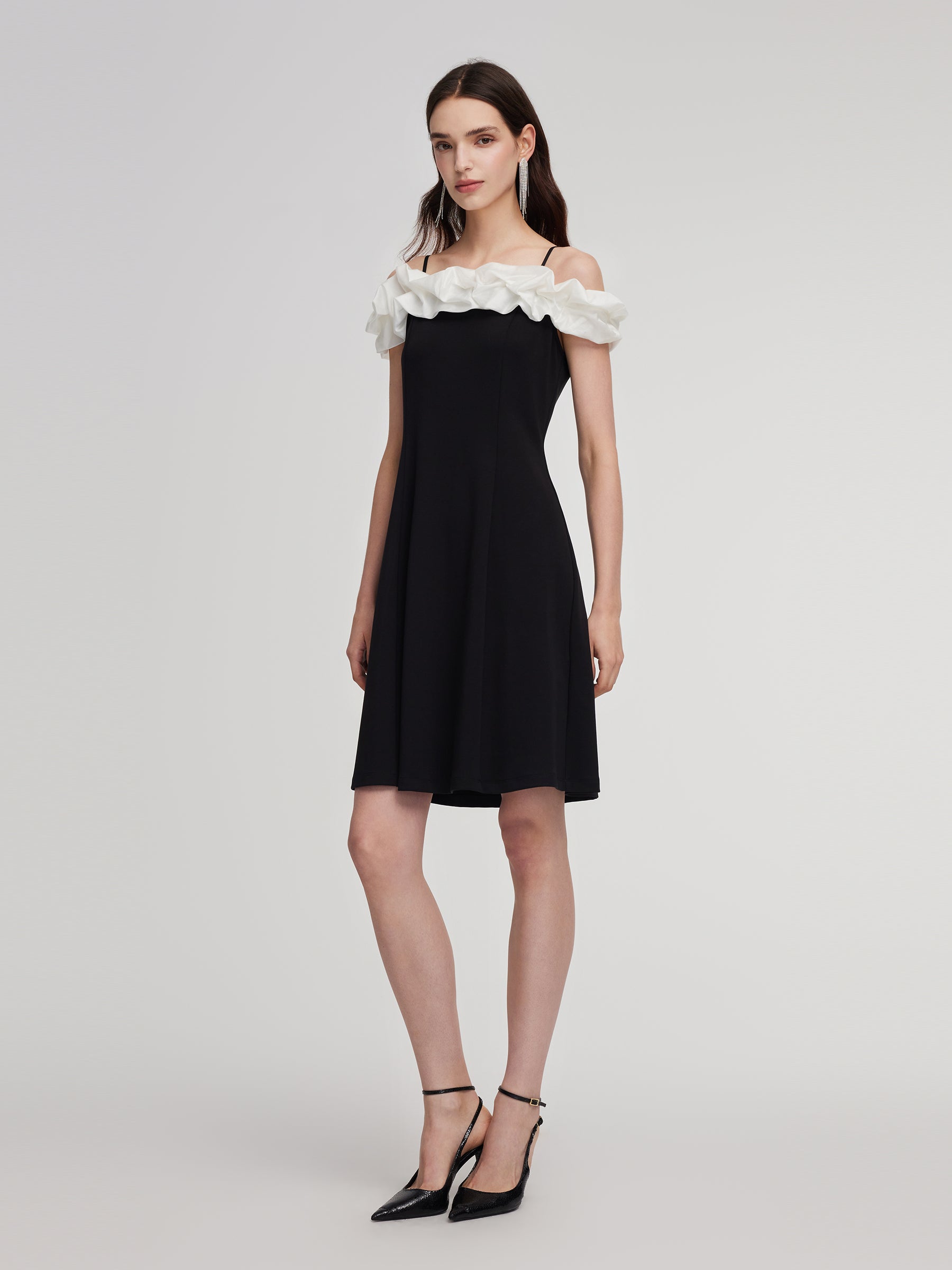 Color Block Ruffle Women Knit Mini Dress With Detachable Straps