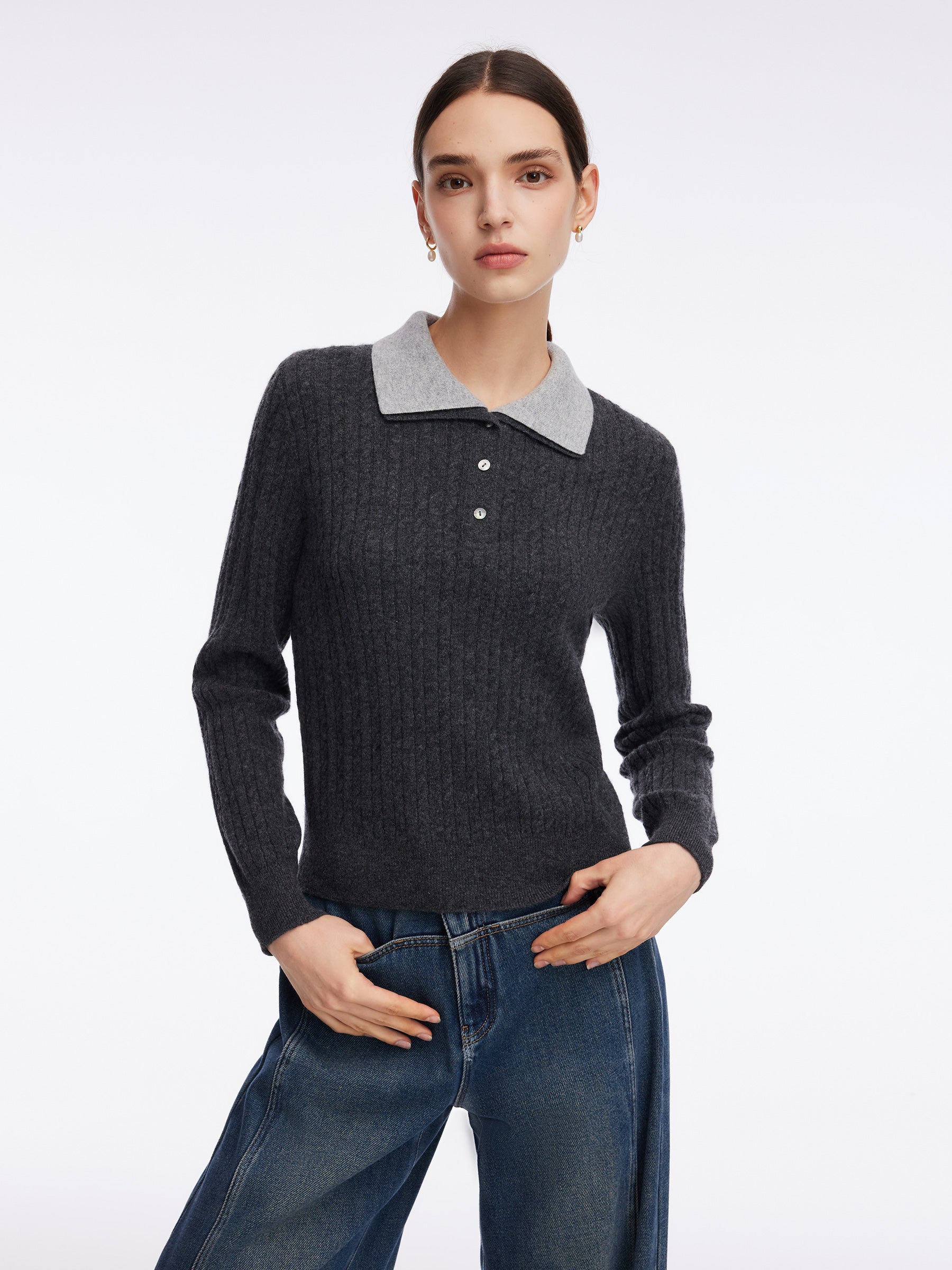 100% Wool Faux Two-Piece Lapel Women Knit Top